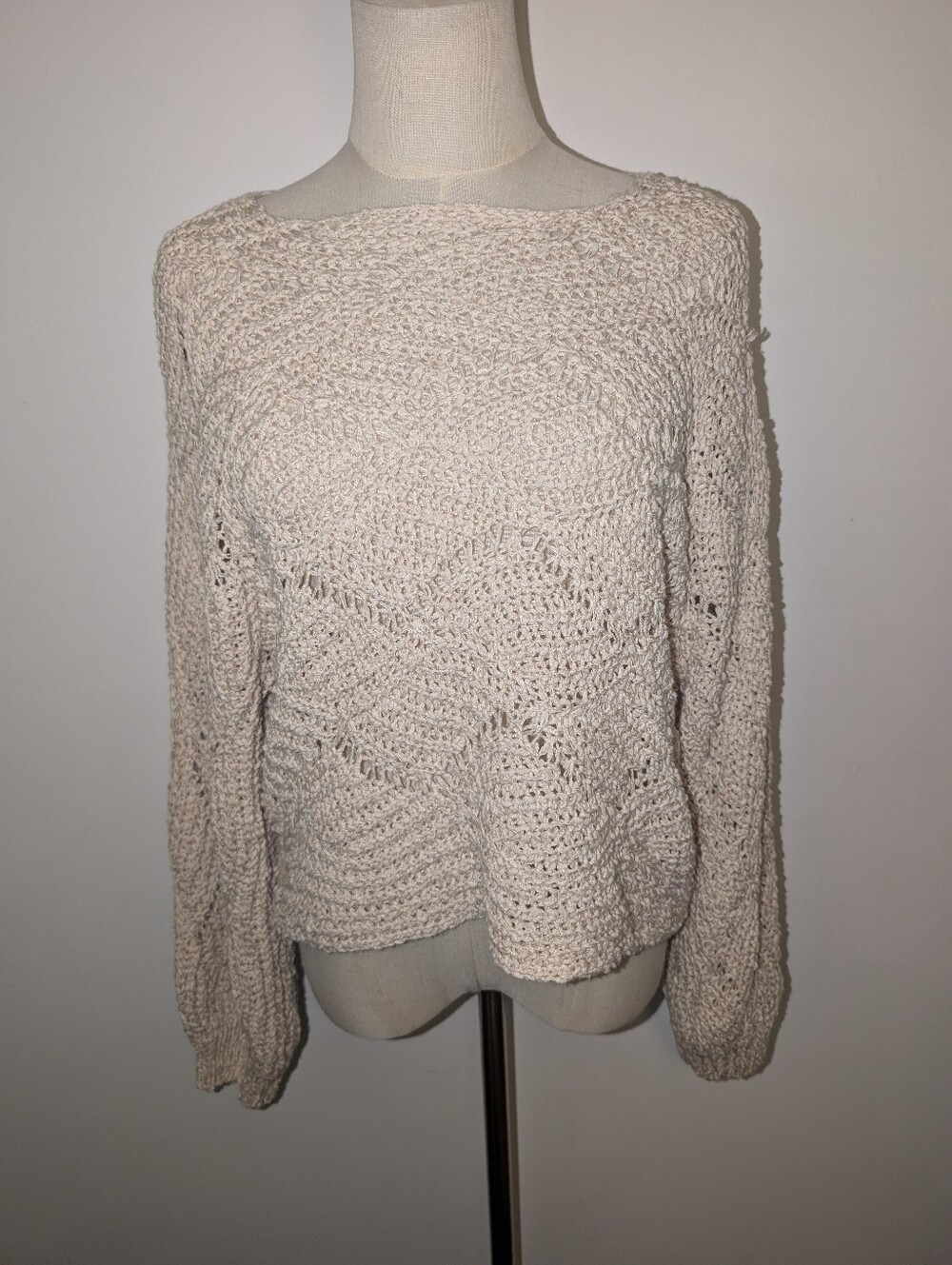 Cream Boat Neck Crochet Knit Sweater